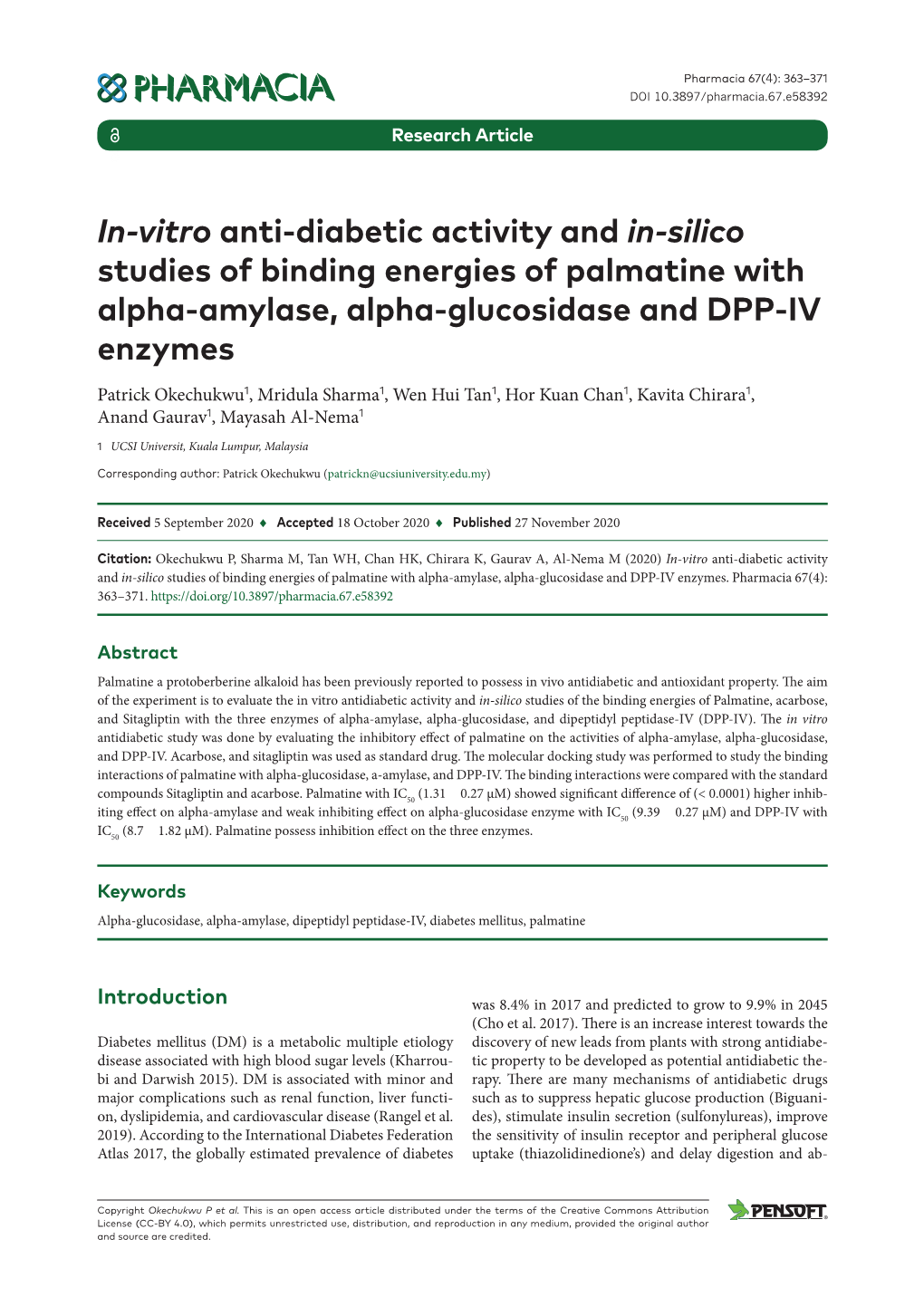 ﻿In-Vitro Anti-Diabetic Activity and In-Silico Studies of Binding Energies