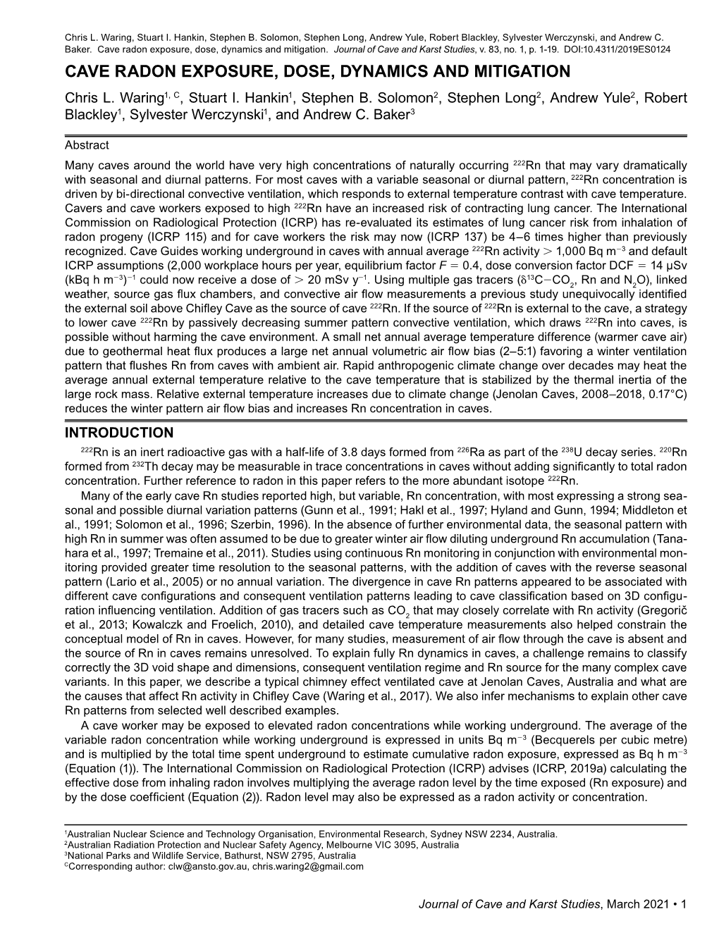 Cave Radon Exposure, Dose, Dynamics and Mitigation