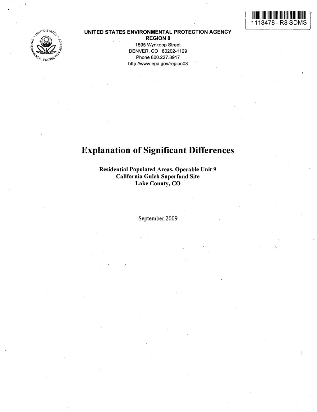 Explanation of Significant Differences, Residential Populated Areas, OU 9