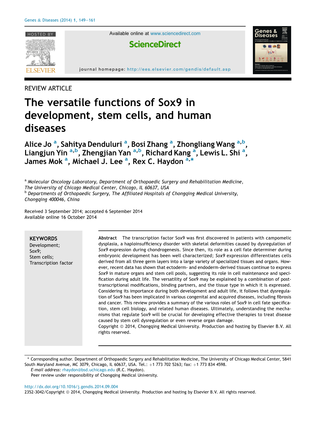 The Versatile Functions of Sox9 in Development, Stem Cells, And