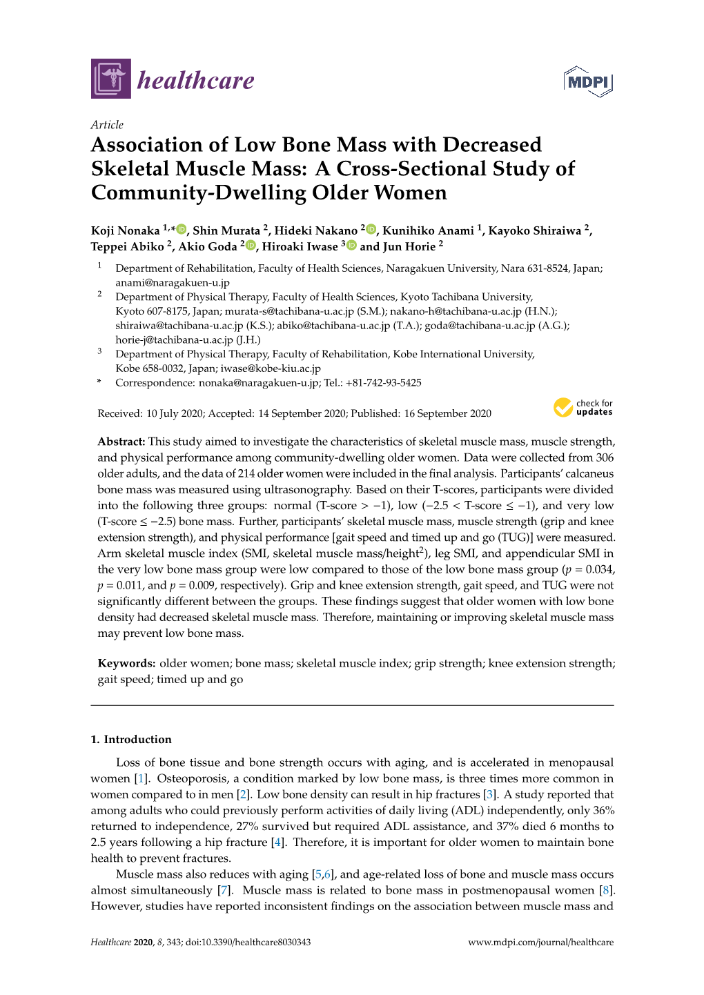 Association of Low Bone Mass with Decreased Skeletal Muscle Mass: a Cross-Sectional Study of Community-Dwelling Older Women