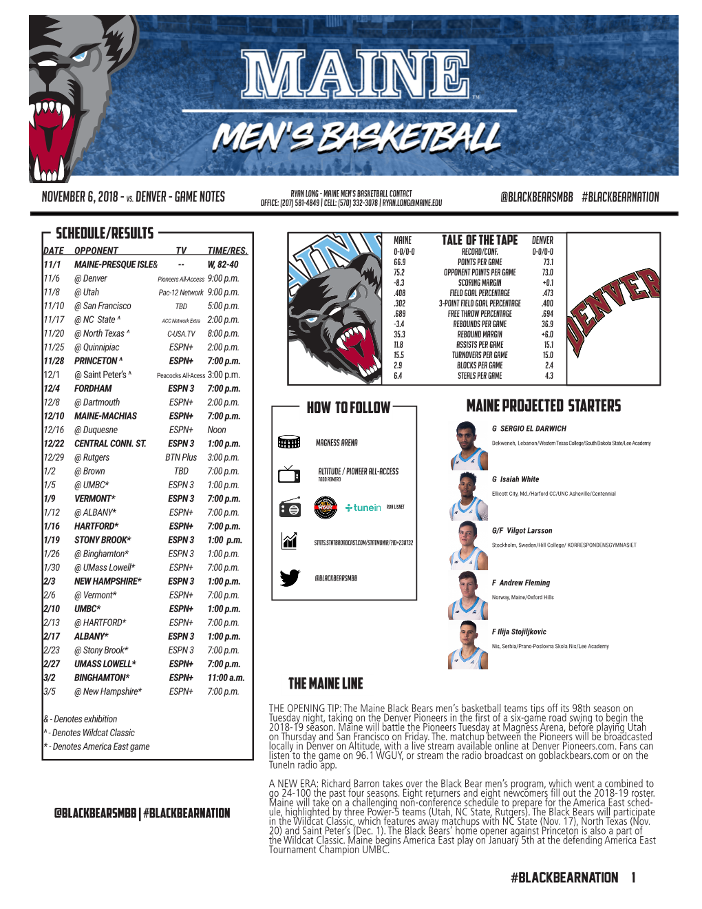 MAINE PROJECTED STARTERS 12/10 MAINE-MACHIAS ESPN+ 7:00 P.M