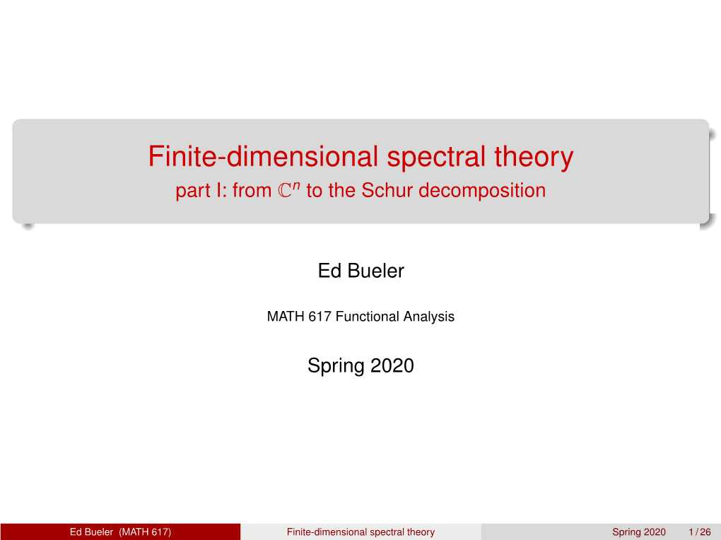 Finite-Dimensional Spectral Theory Part I: from Cn to the Schur Decomposition