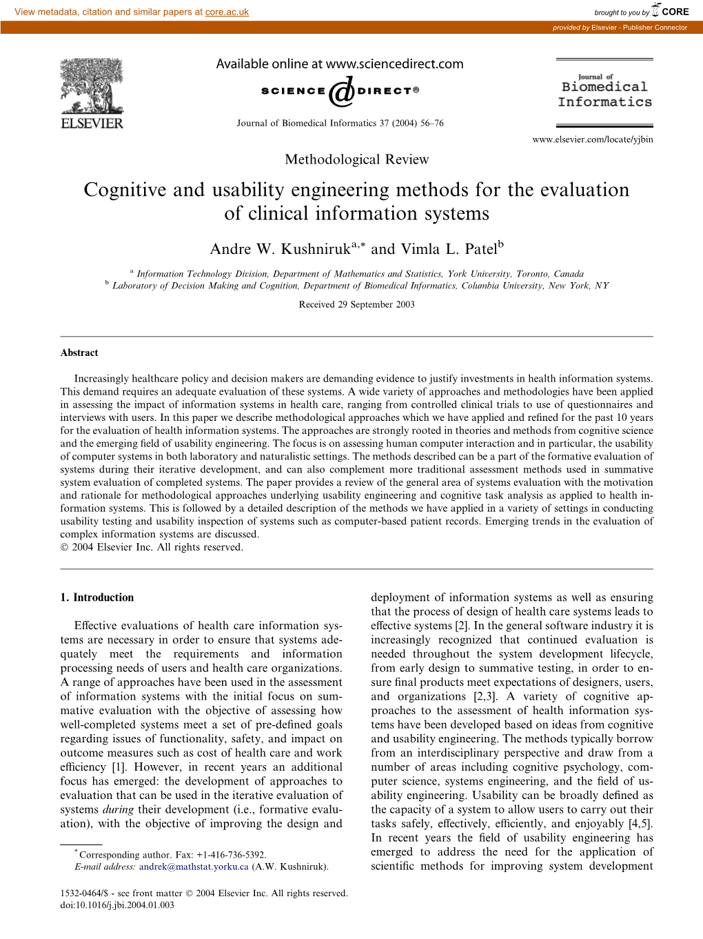 Cognitive and Usability Engineering Methods for the Evaluation of Clinical Information Systems