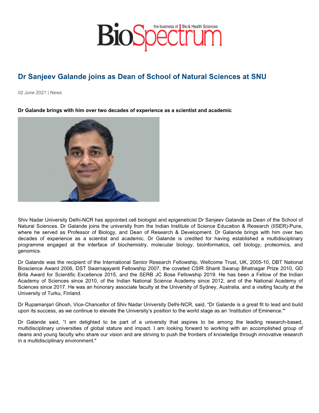 Dr Sanjeev Galande Joins As Dean of School of Natural Sciences at SNU