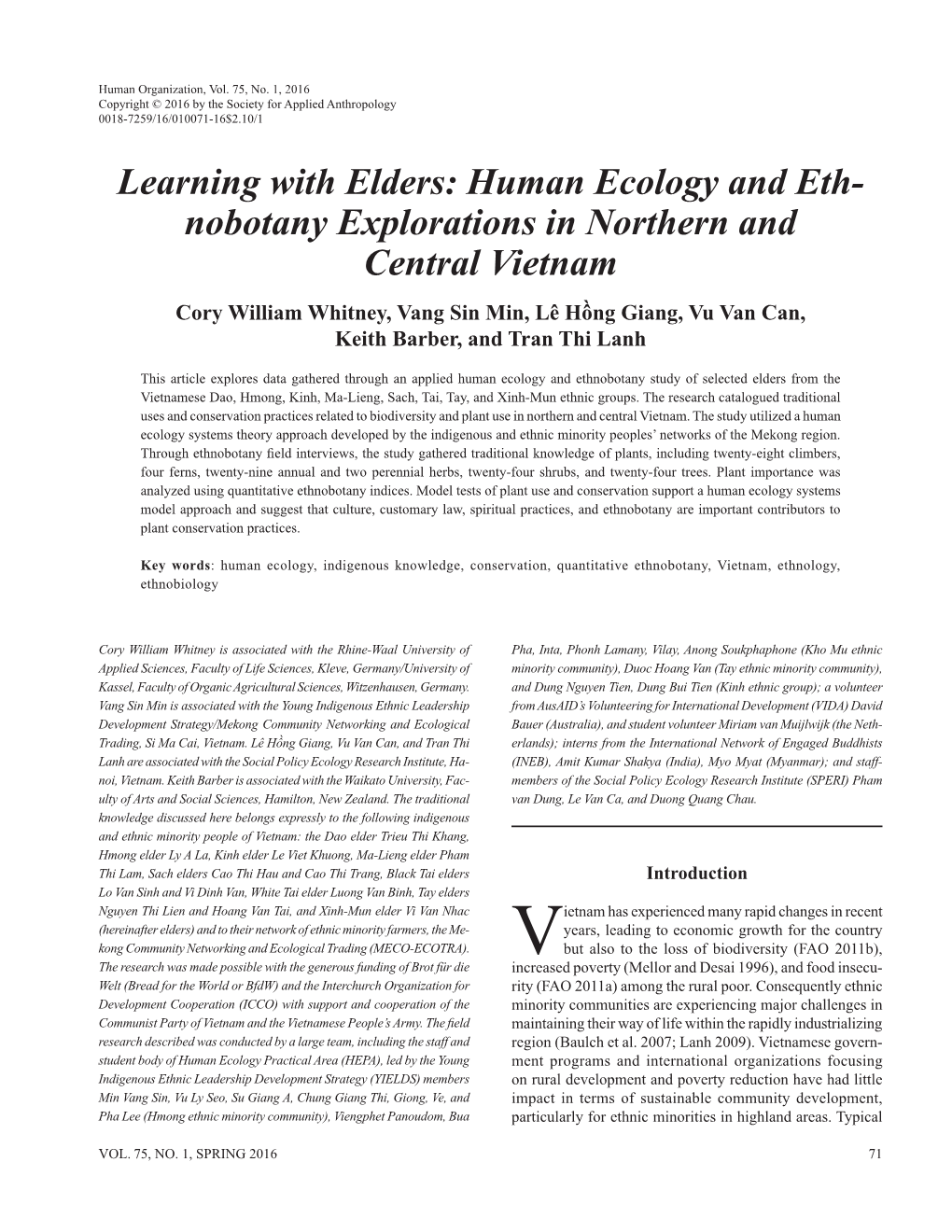 Learning with Elders: Human Ecology and Eth- Nobotany Explorations In