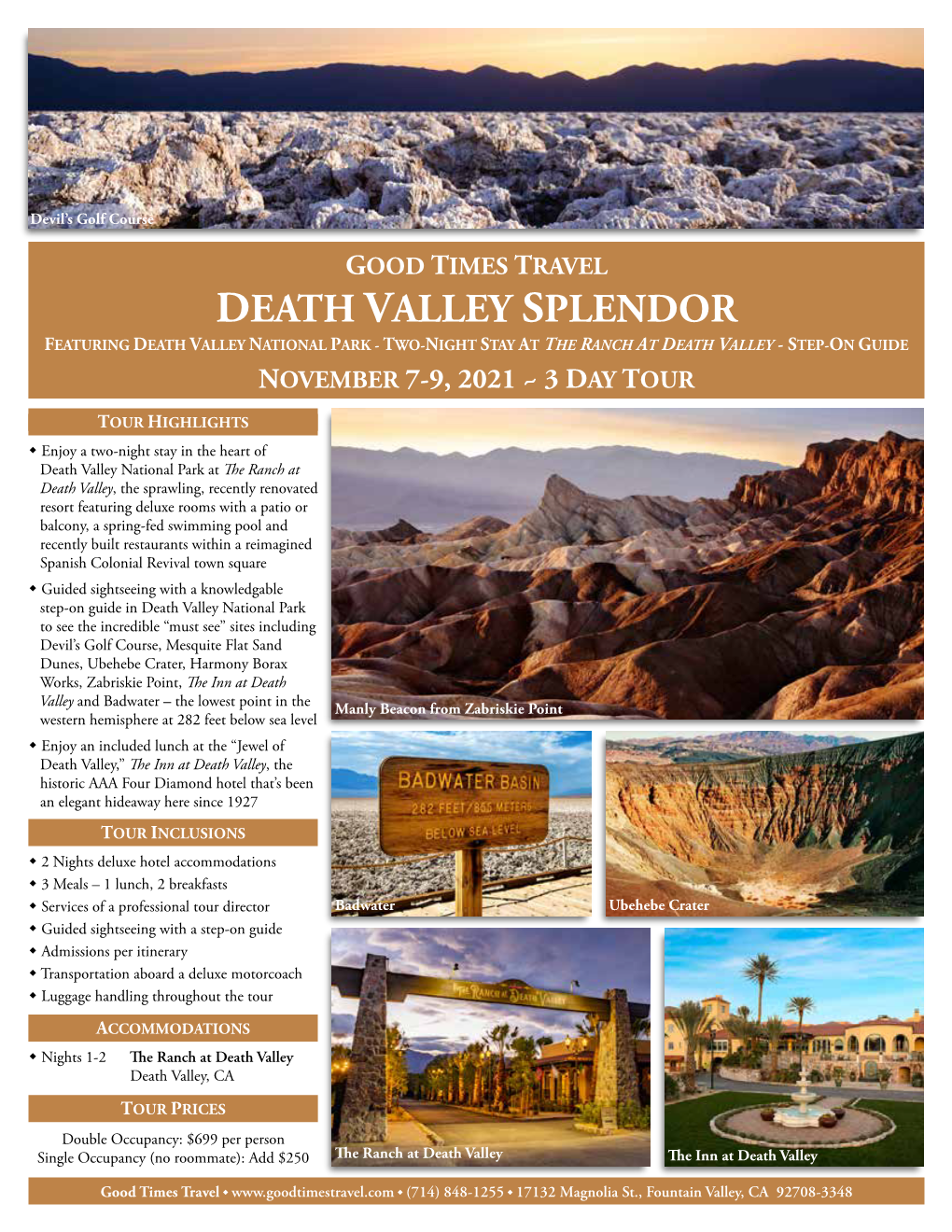 Death Valley Splendor Featuring Death Valley National Park - Two-Night Stay at the Ranch at Death Valley - Step-On Guide November 7-9, 2021 ~ 3 Day Tour