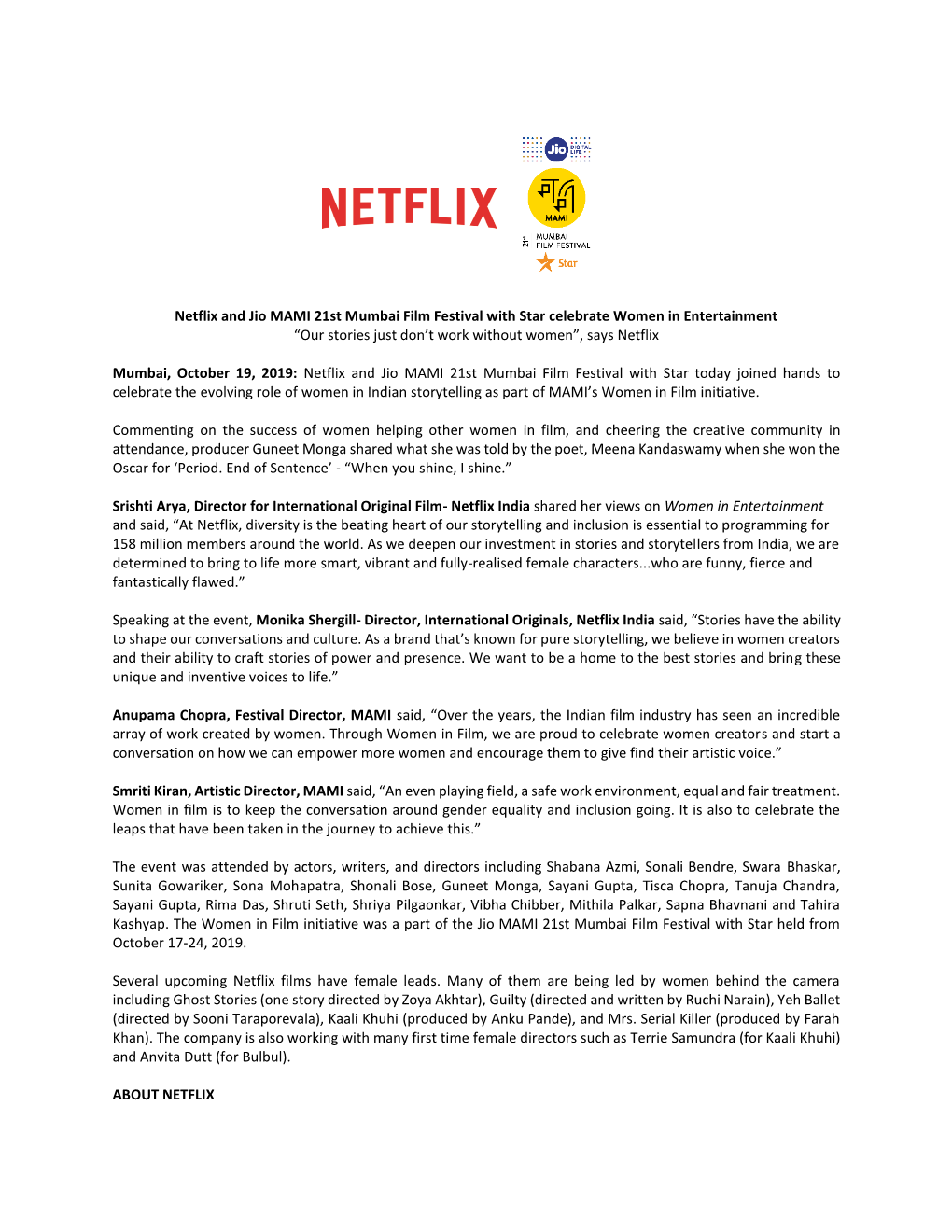 Netflix and Jio MAMI 21St Mumbai Film Festival with Star Celebrate Women in Entertainment “Our Stories Just Don’T Work Without Women”, Says Netflix