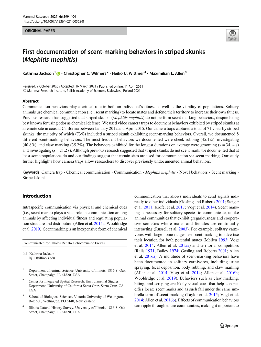 First Documentation of Scent-Marking Behaviors in Striped Skunks (Mephitis Mephitis)