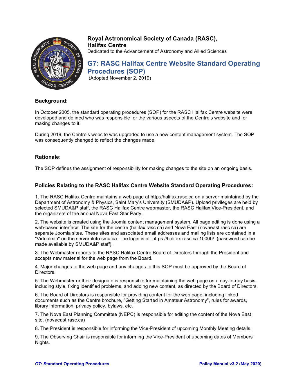 G7: RASC Halifax Centre Website Standard Operating Procedures (SOP) (Adopted November 2, 2019)