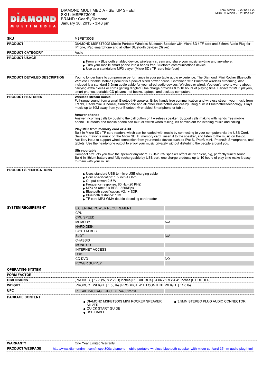 Setup Sheet Sku : Mspbt300s Brand