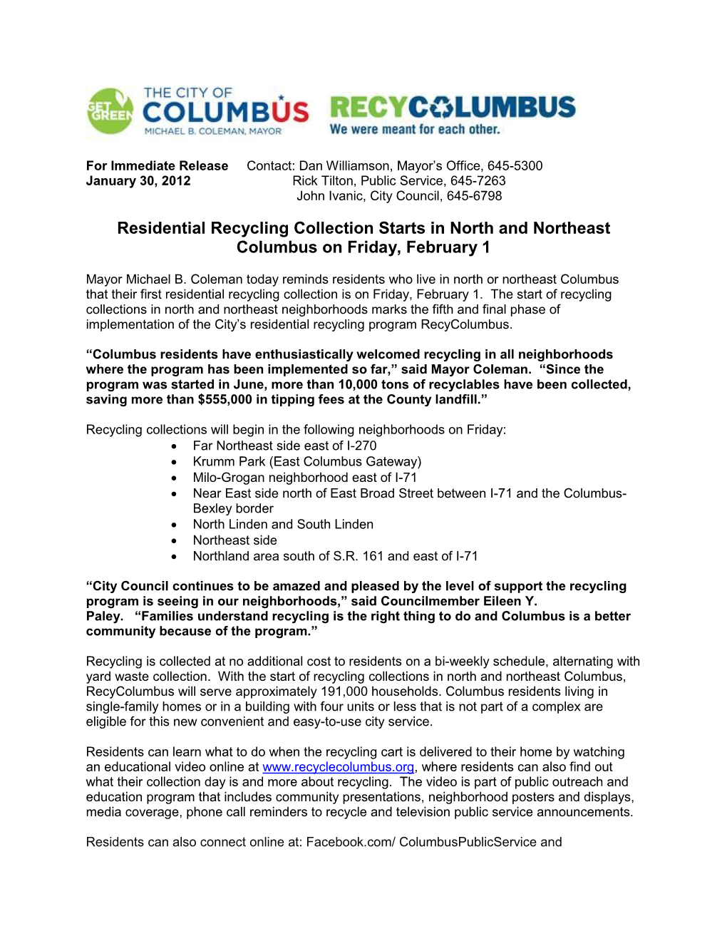 Residential Recycling Collection Starts in North and Northeast Columbus on Friday, February 1