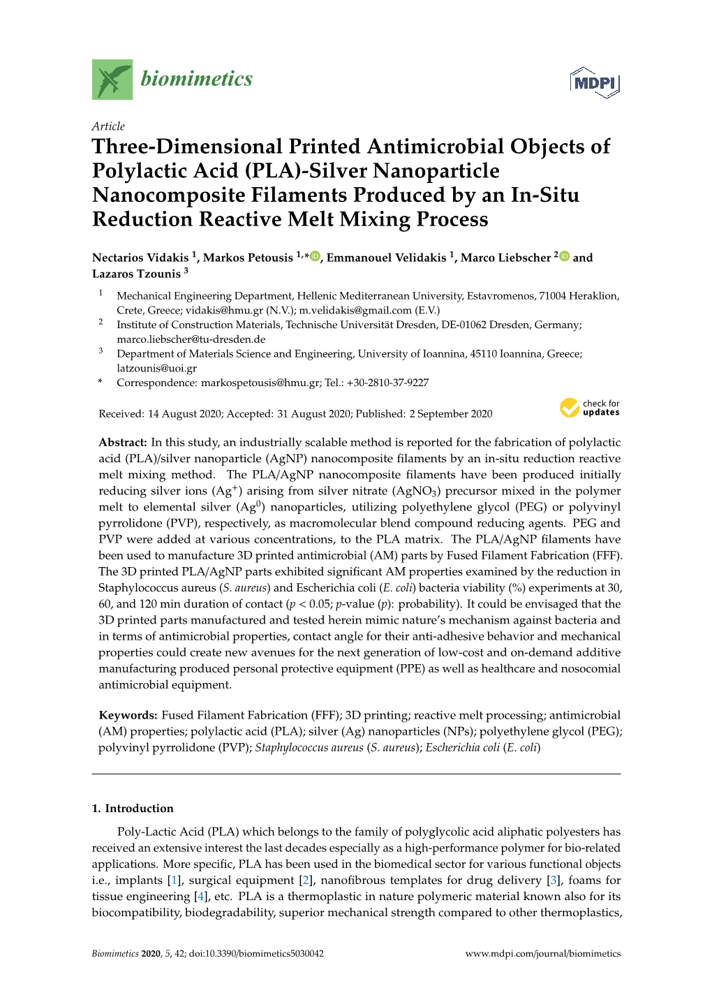 Silver Nanoparticle Nanocomposite Filaments Produced by an In-Situ Reduction Reactive Melt Mixing Process