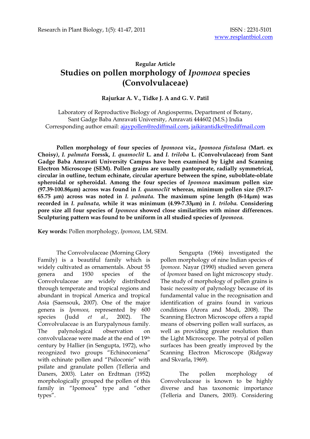 Studies on Pollen Morphology of Ipomoea Species (Convolvulaceae)
