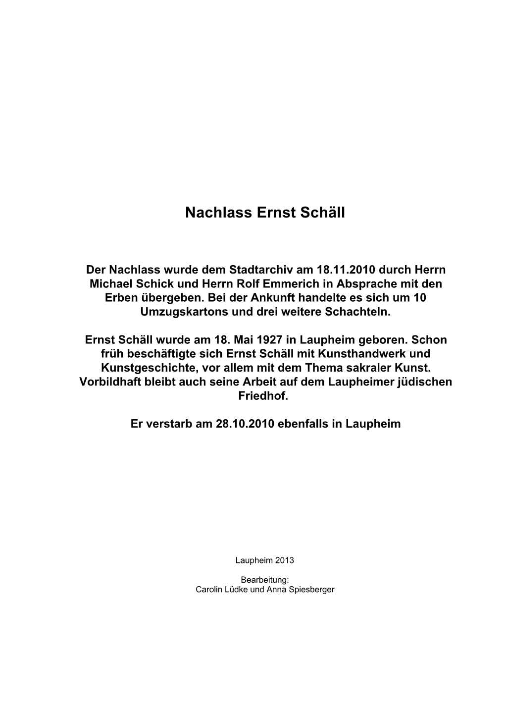 Nachlass Ernst Schäll