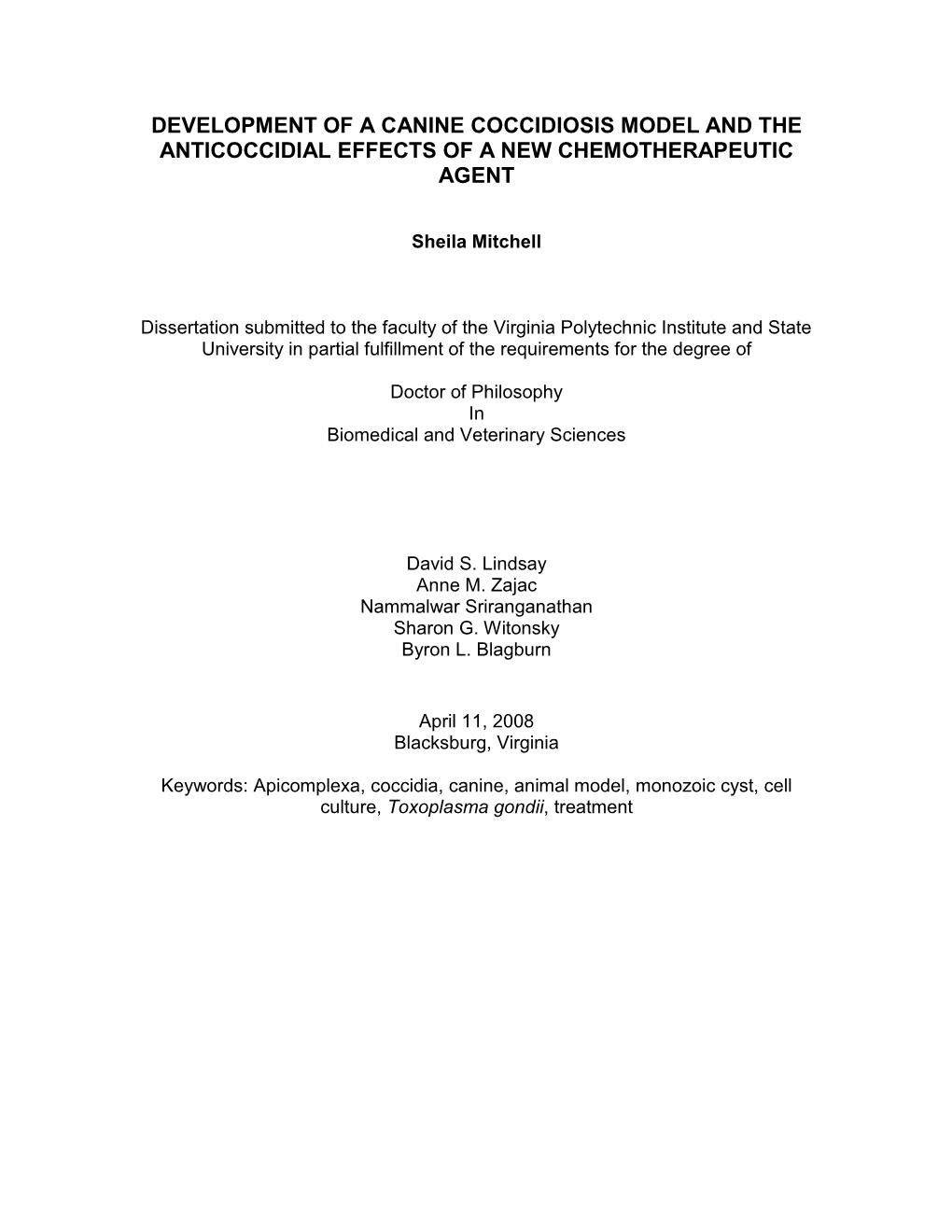 Development of a Canine Coccidiosis Model and the Anticoccidial Effects of a New Chemotherapeutic Agent