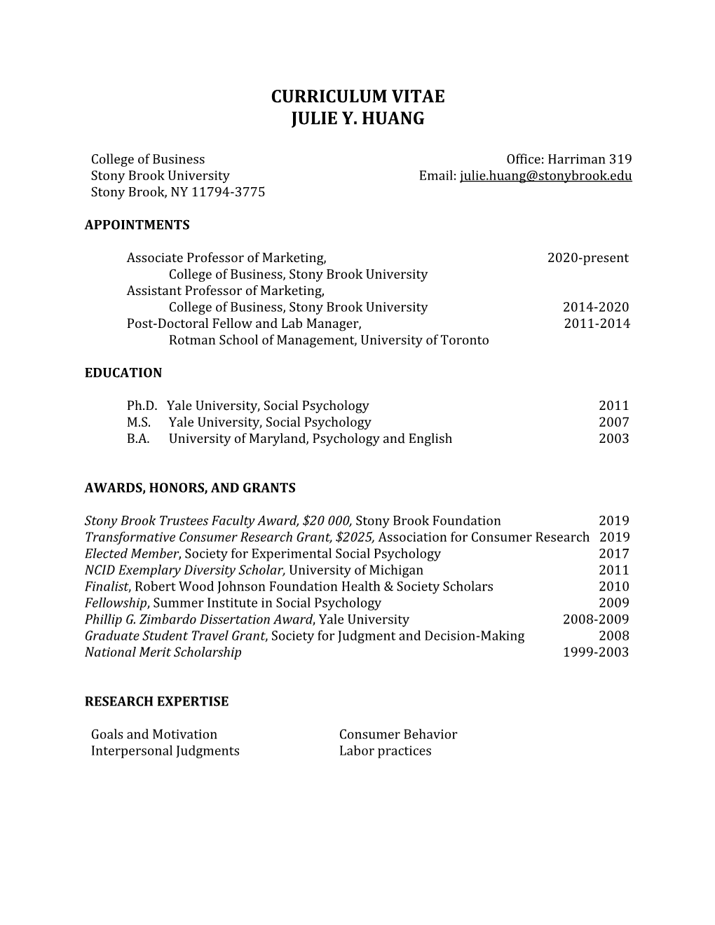 Curriculum Vitae Julie Y. Huang