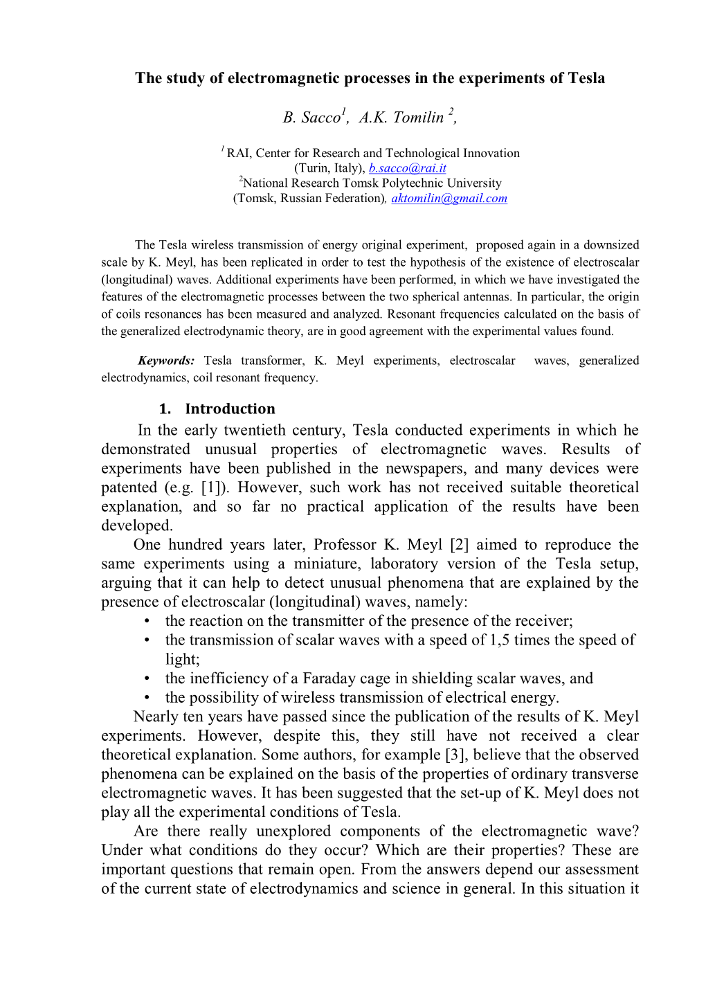 The Study of Electromagnetic Processes in the Experiments of Tesla