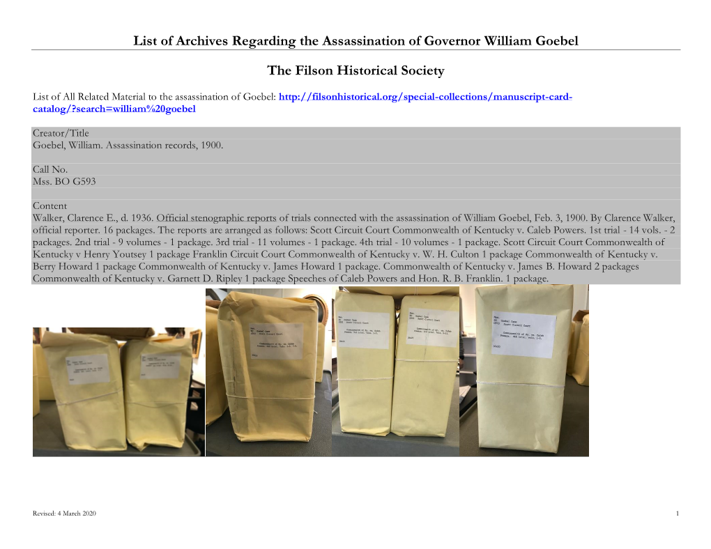 List of Archives Regarding the Assassination of Governor William Goebel