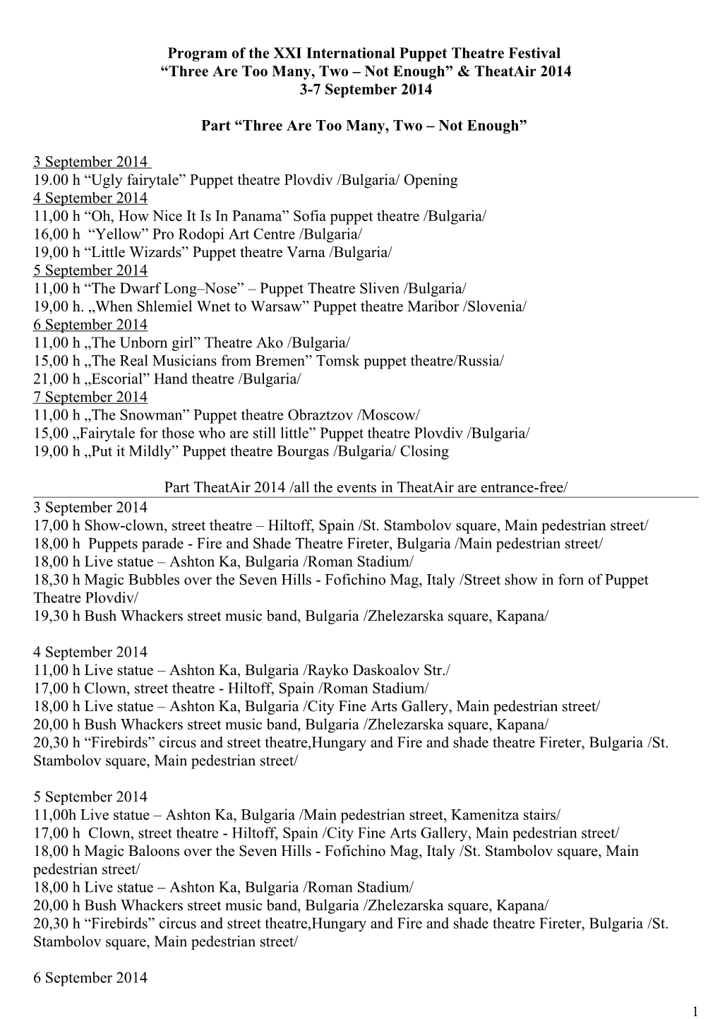 Program of the XXI International Puppet Theatre Festival