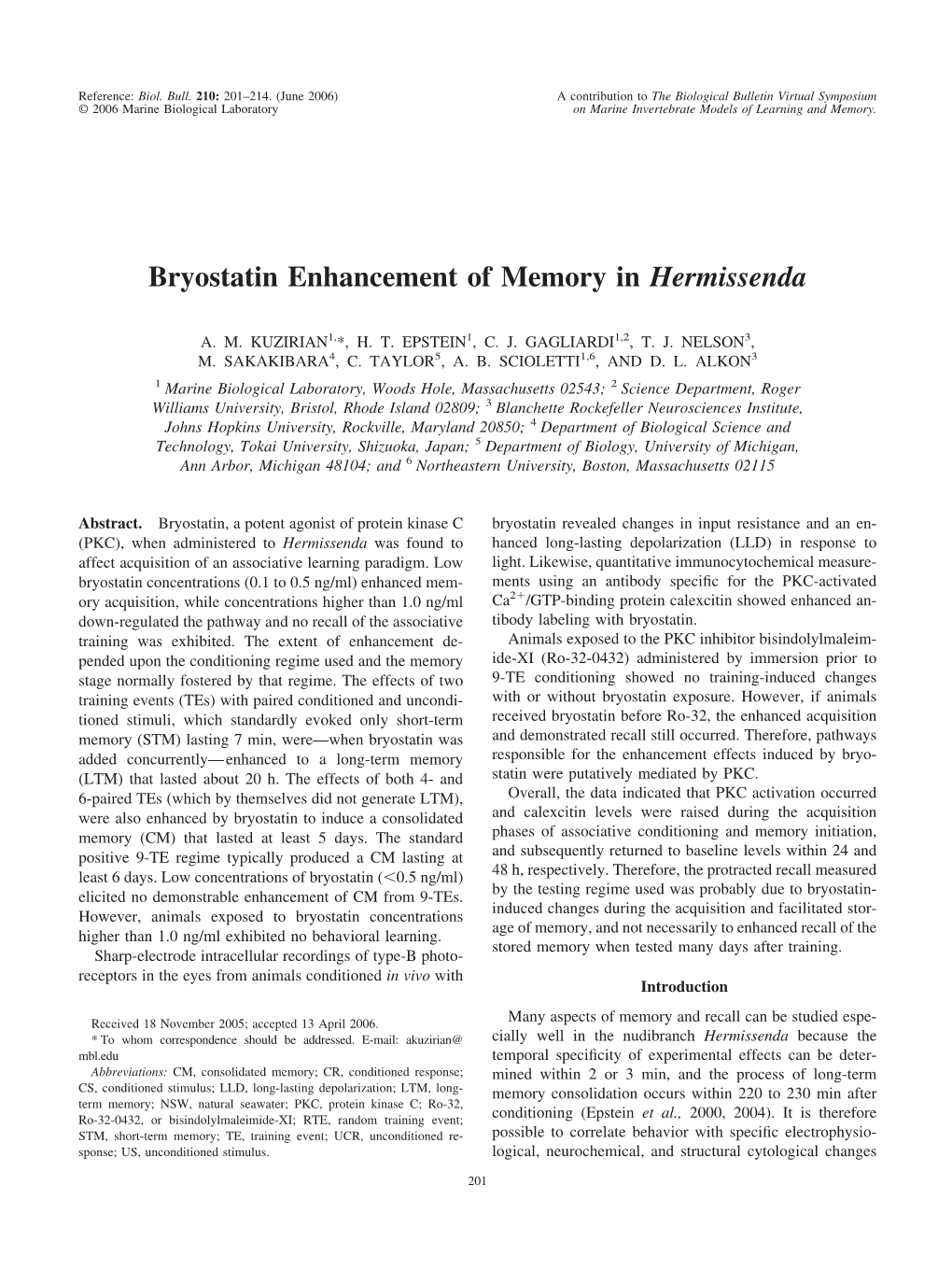 Bryostatin Enhancement of Memory in Hermissenda