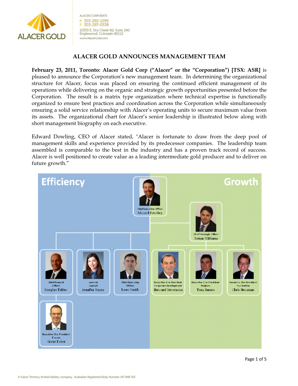 Alacer Gold Announces Management Team