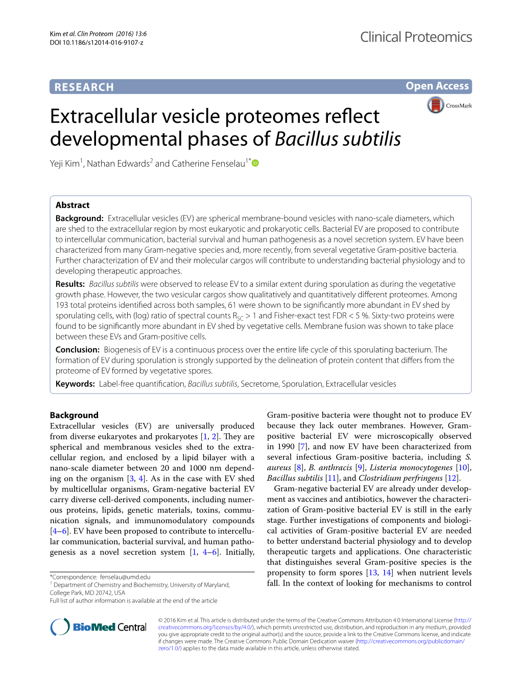 Extracellular Vesicle Proteomes Reflect Developmental Phases of Bacillus Subtilis Yeji Kim1, Nathan Edwards2 and Catherine Fenselau1*