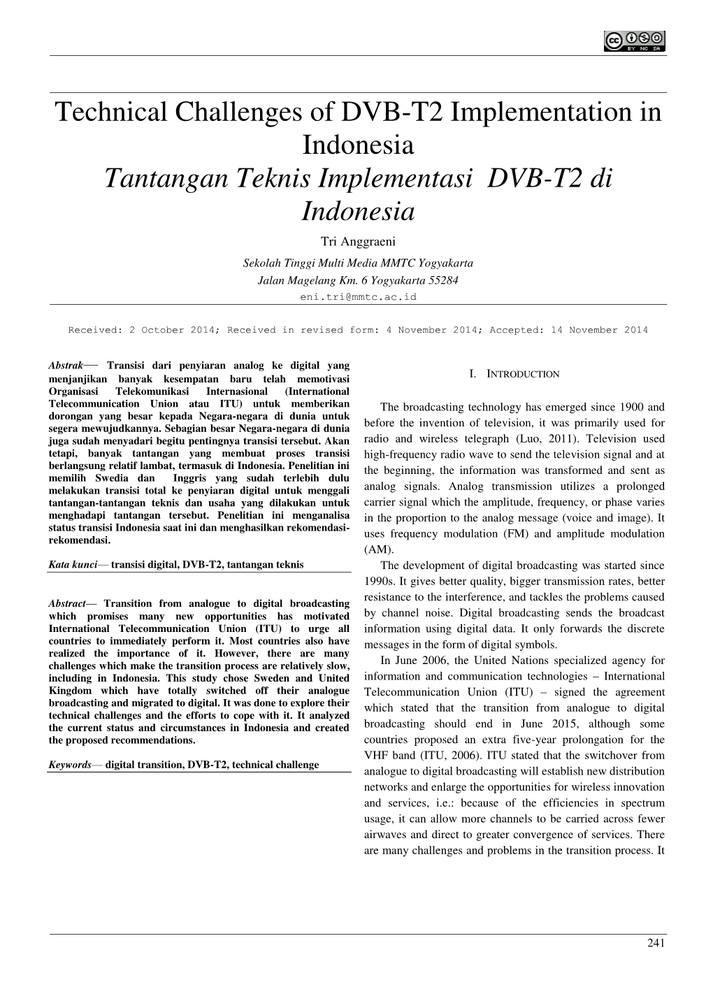 Technical Challenges of DVB-T2 Implementation in Indonesia