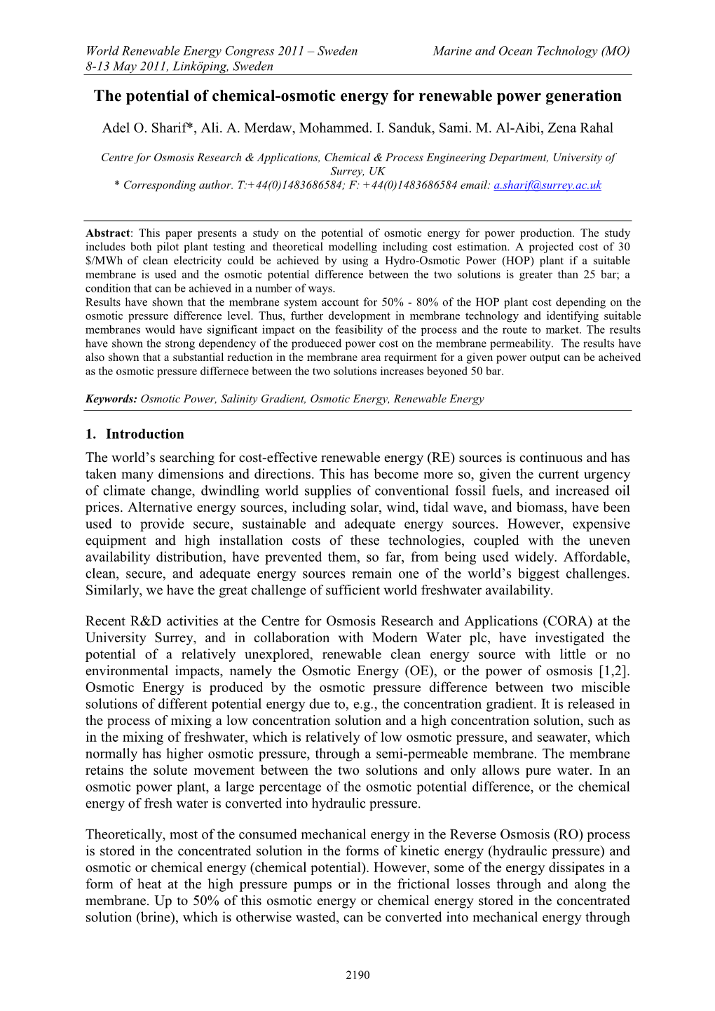 The Potential of Chemical-Osmotic Energy for Renewable Power Generation