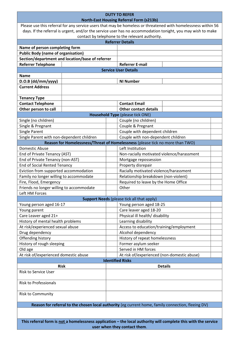 DUTY to REFER North-East Housing Referral Form (S213b)