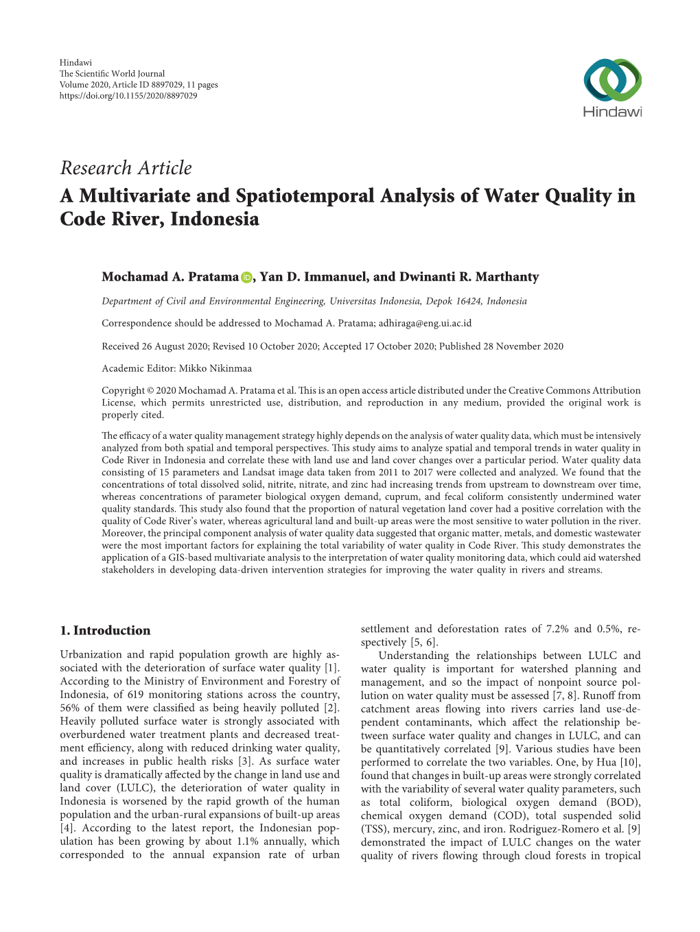 A Multivariate and Spatiotemporal Analysis of Water Quality in Code River, Indonesia