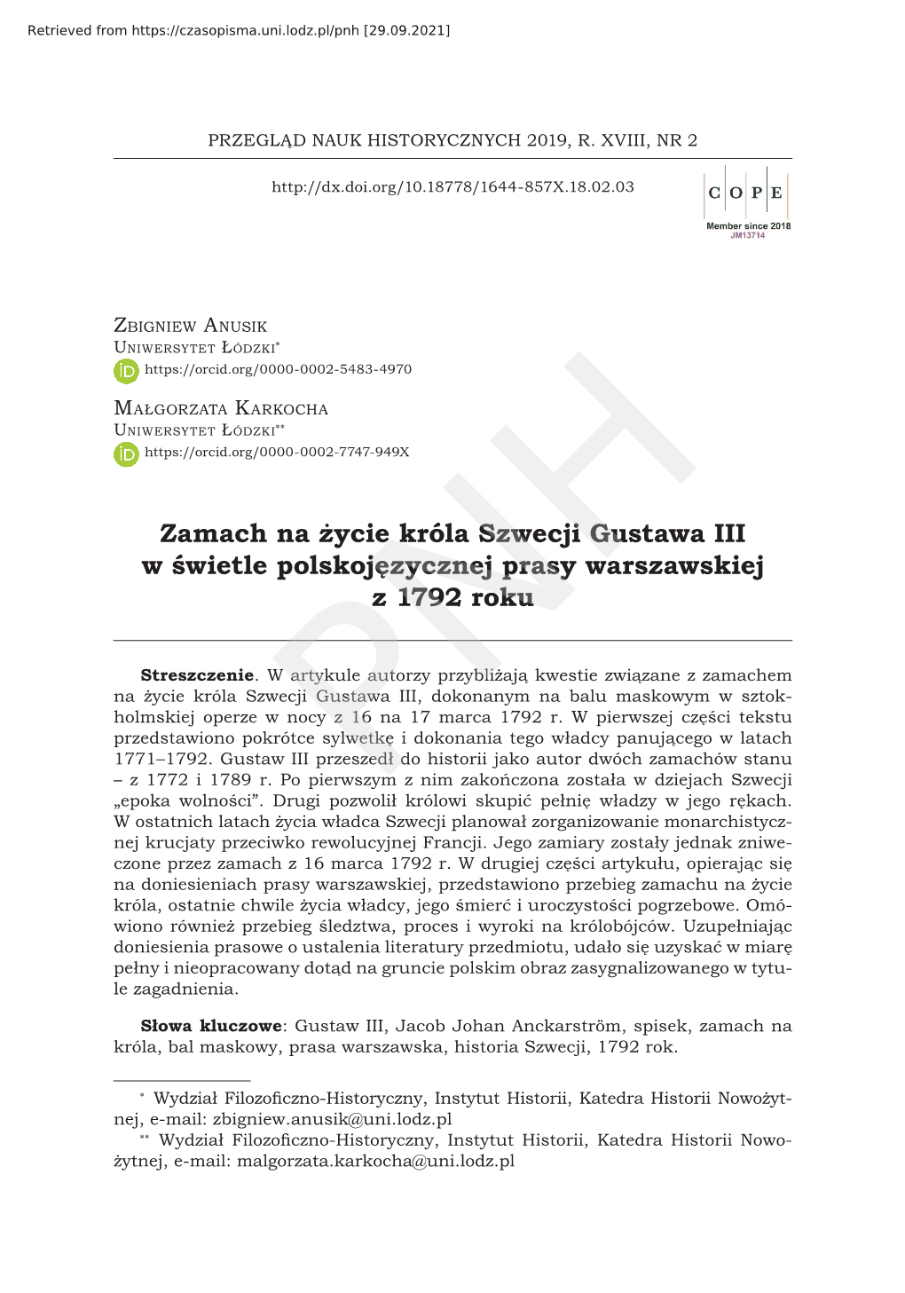 Zamach Na Życie Króla Szwecji Gustawa III W Świetle Polskojęzycznej Prasy Warszawskiej Z 1792 Roku