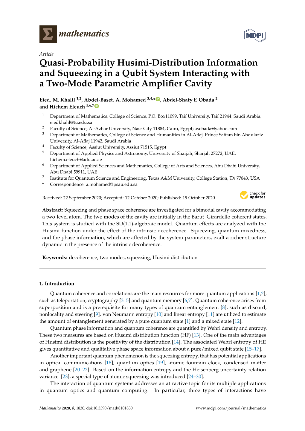 Quasi-Probability Husimi-Distribution Information and Squeezing in a Qubit System Interacting with a Two-Mode Parametric Ampliﬁer Cavity