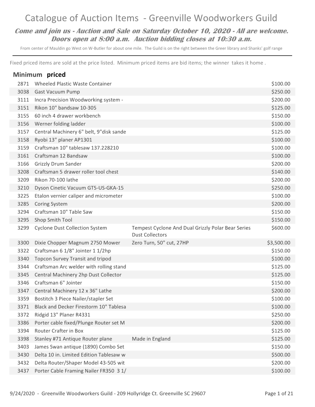 Catalogue of Auction Items - Greenville Woodworkers Guild Come and Join Us - Auction and Sale on Saturday October 10, 2020 - All Are Welcome