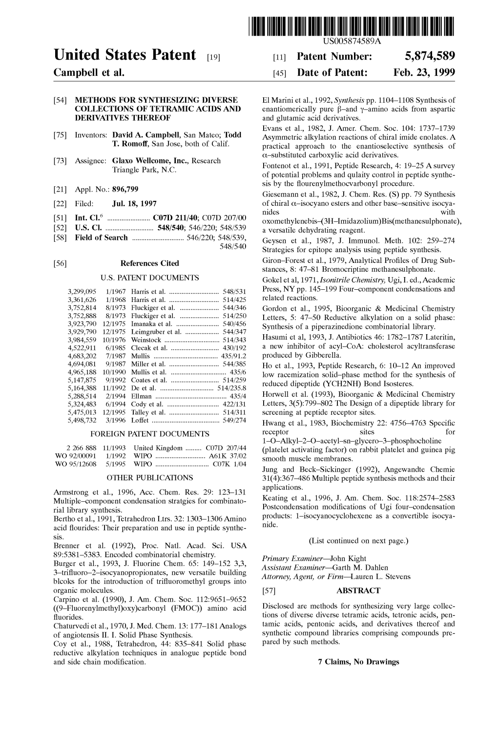 United States Patent (19) 11 Patent Number: 5,874,589 Campbell Et Al