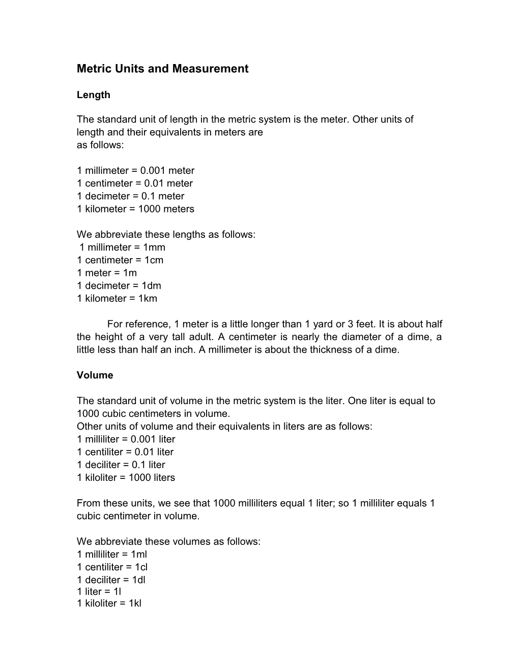 Metric Units and Measurement