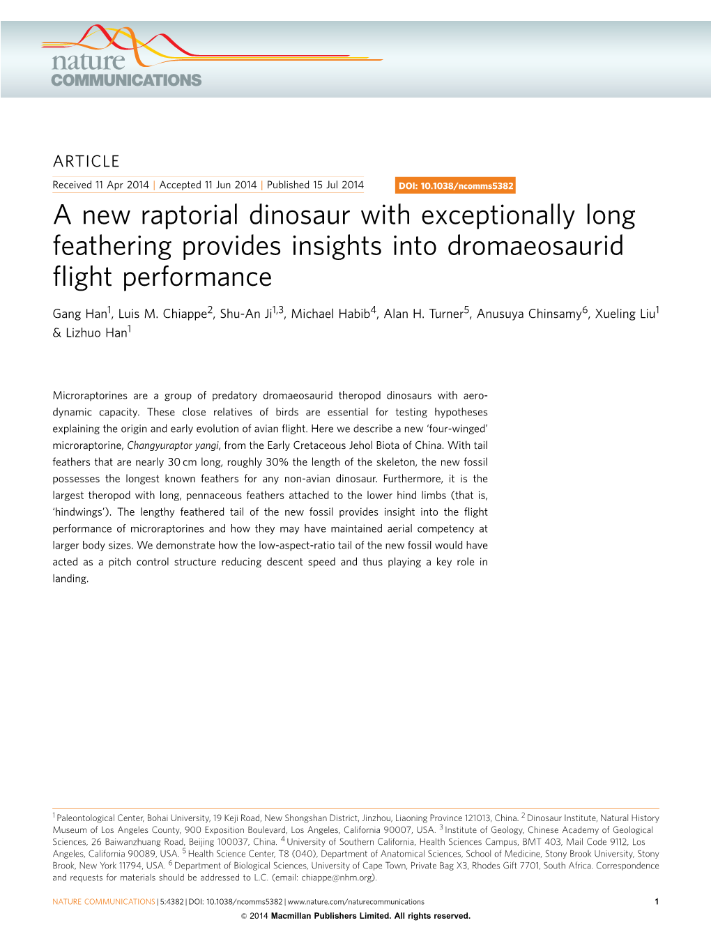 A New Raptorial Dinosaur with Exceptionally Long Feathering Provides Insights Into Dromaeosaurid ﬂight Performance