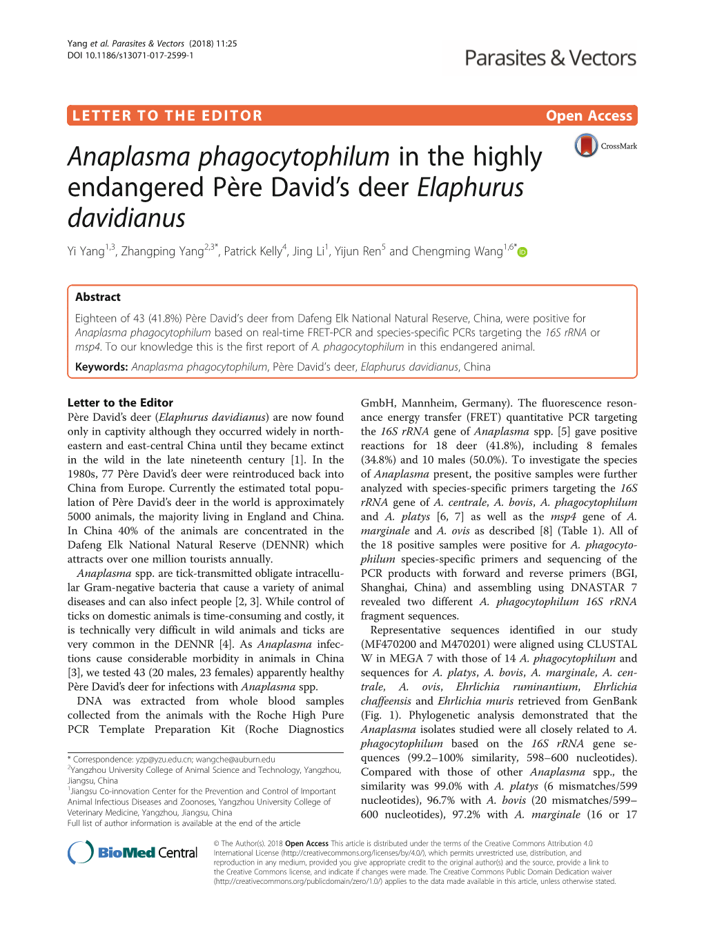 Anaplasma Phagocytophilum in the Highly Endangered Père David's