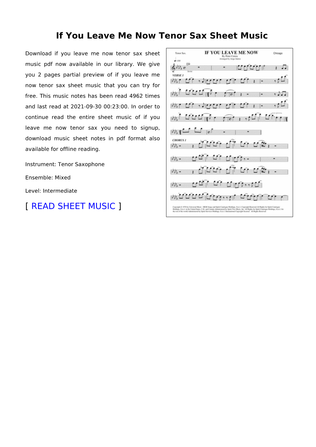 If You Leave Me Now Tenor Sax Sheet Music