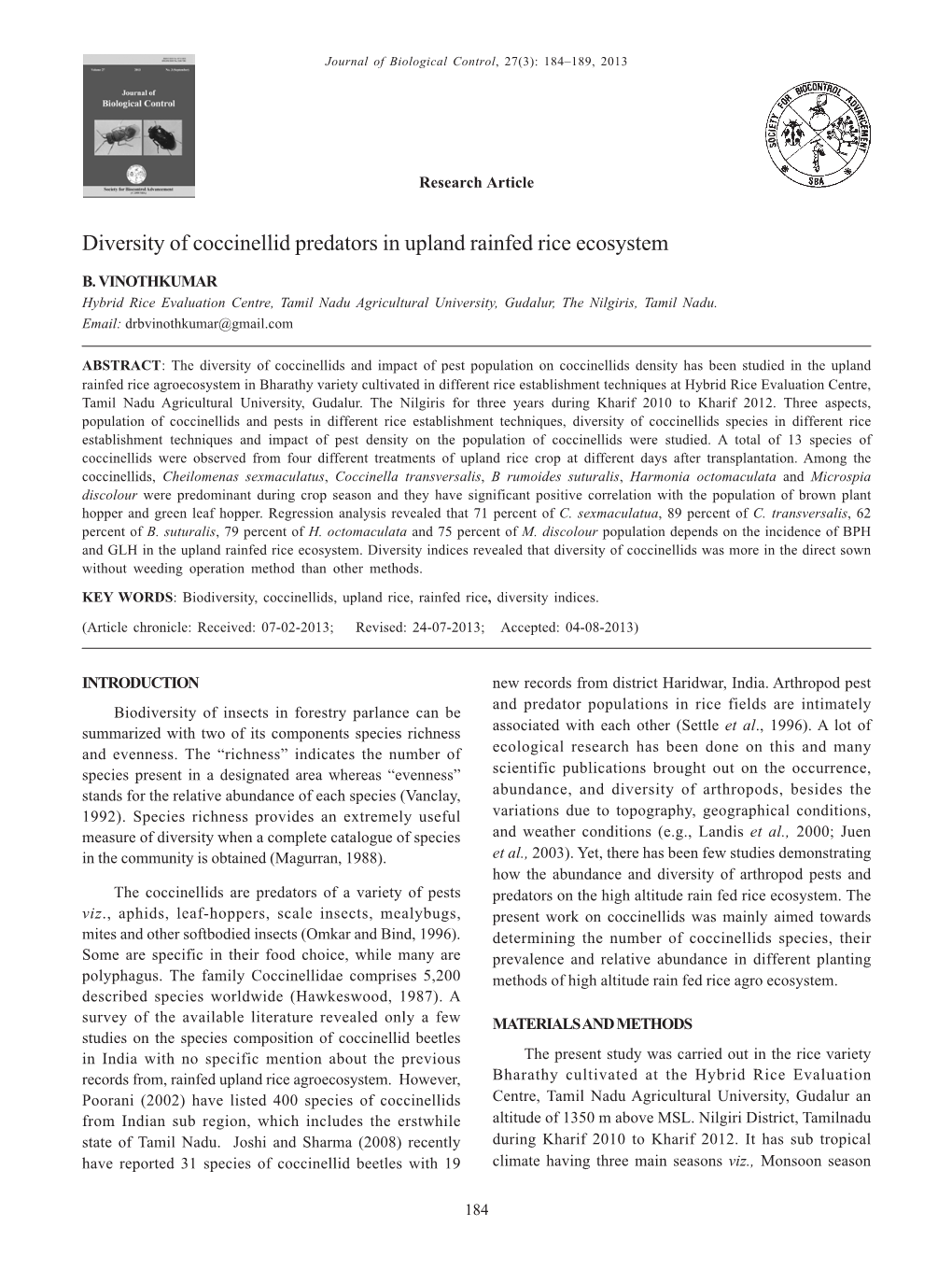 Diversity of Coccinellid Predators in Upland Rainfed Rice Ecosystem