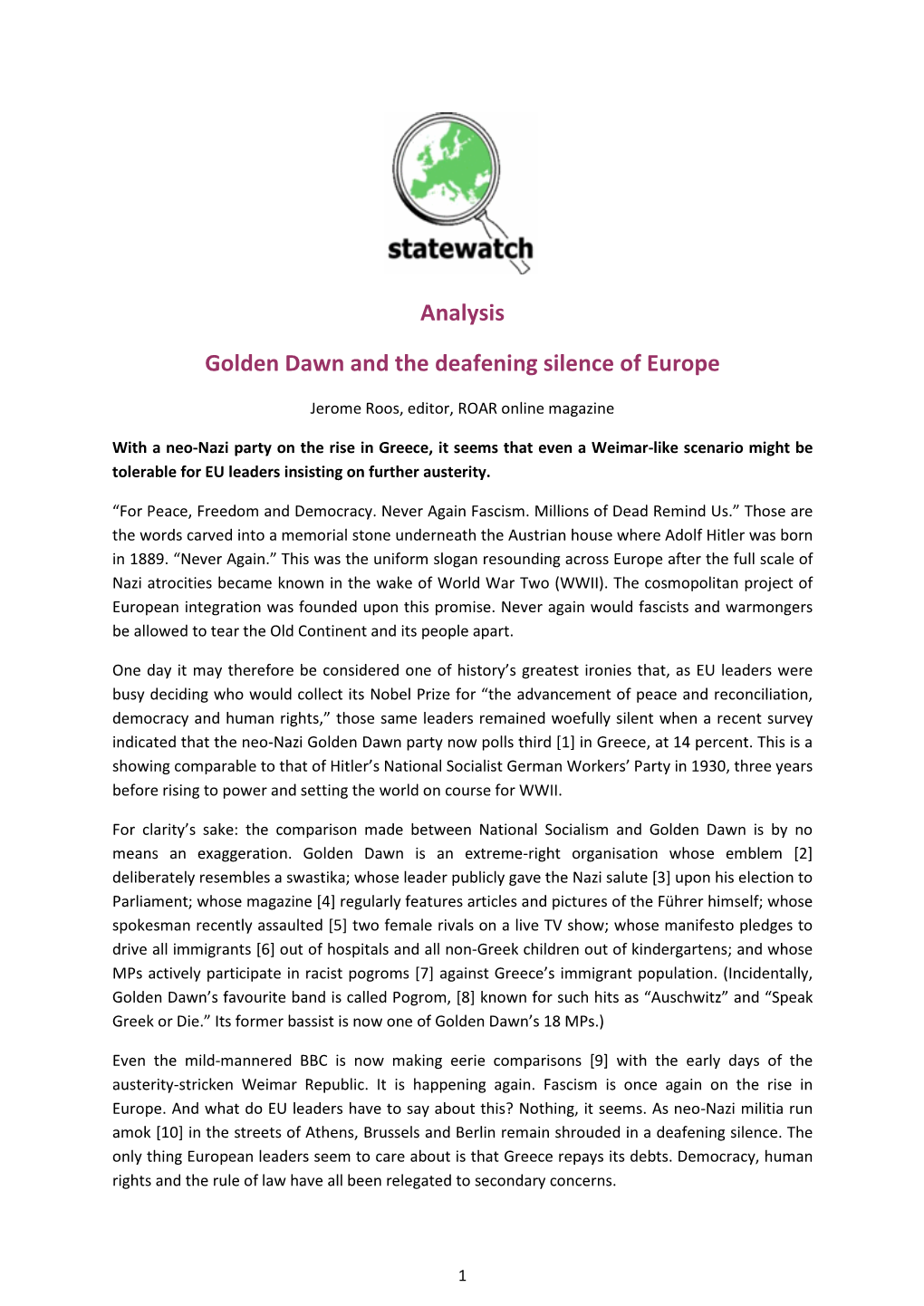 Golden Dawn and the Deafening Silence of Europe