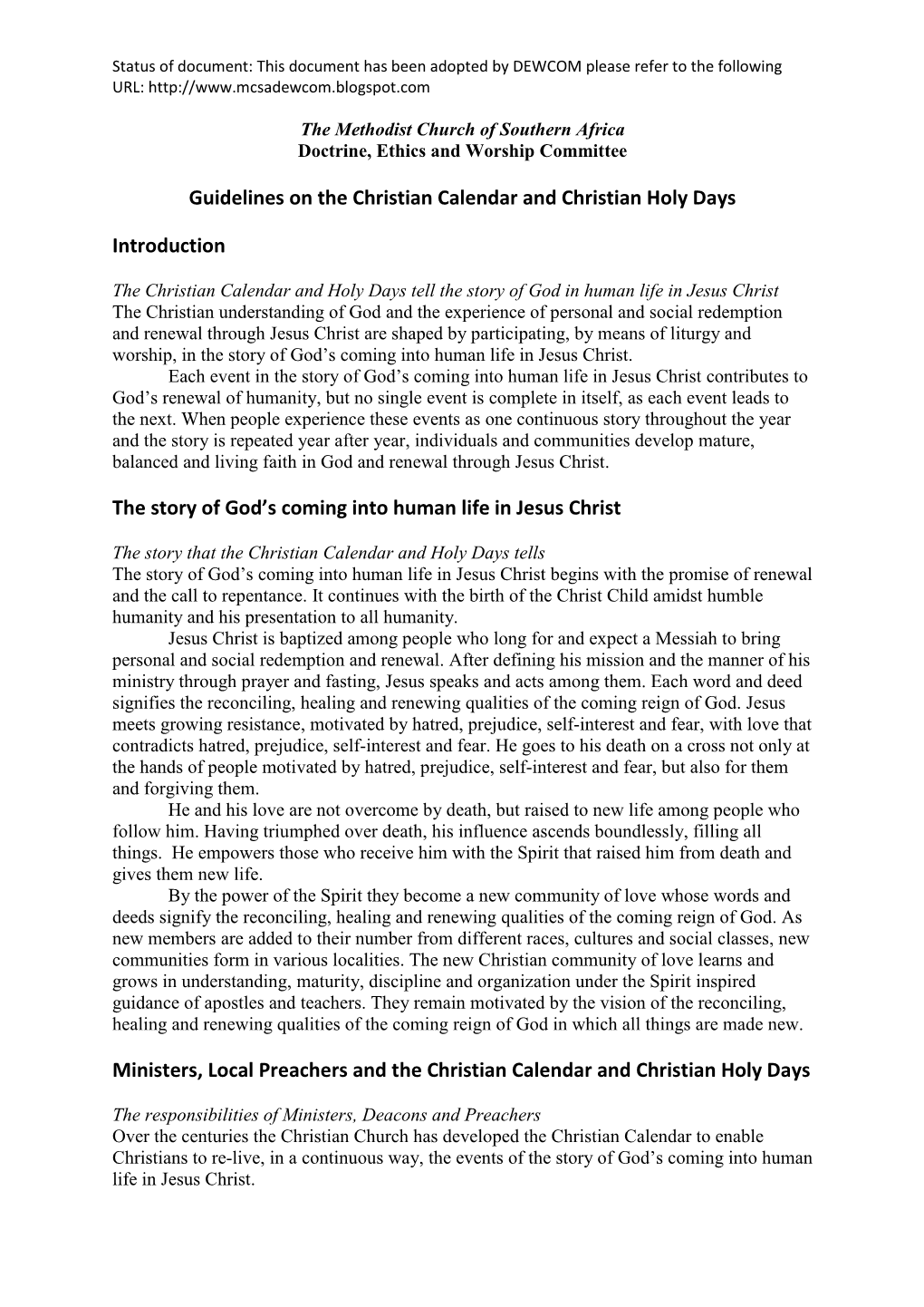 Guidelines on the Christian Calendar and Christian Holy Days