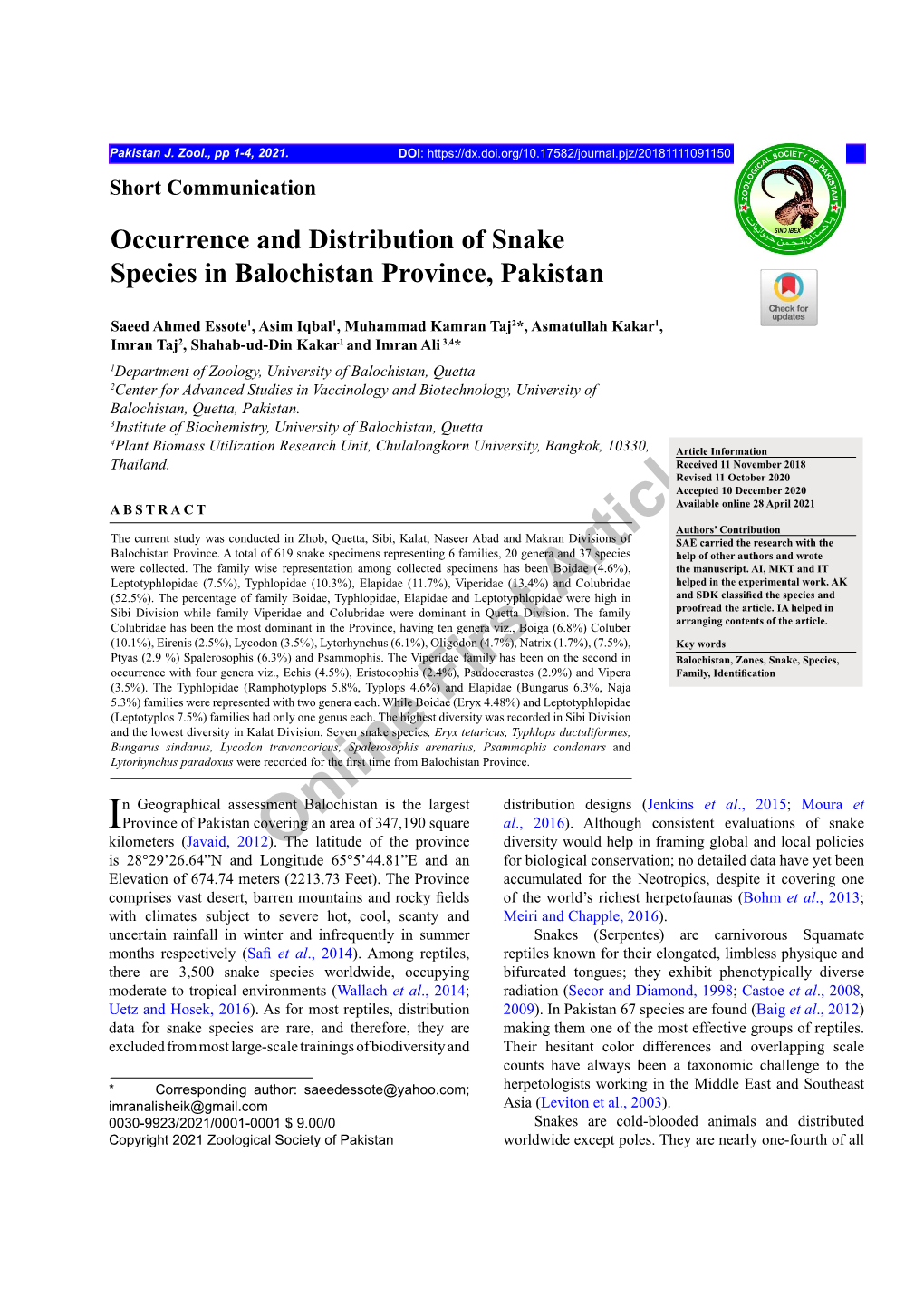 Occurrence and Distribution of Snake Species in Balochistan Province, Pakistan