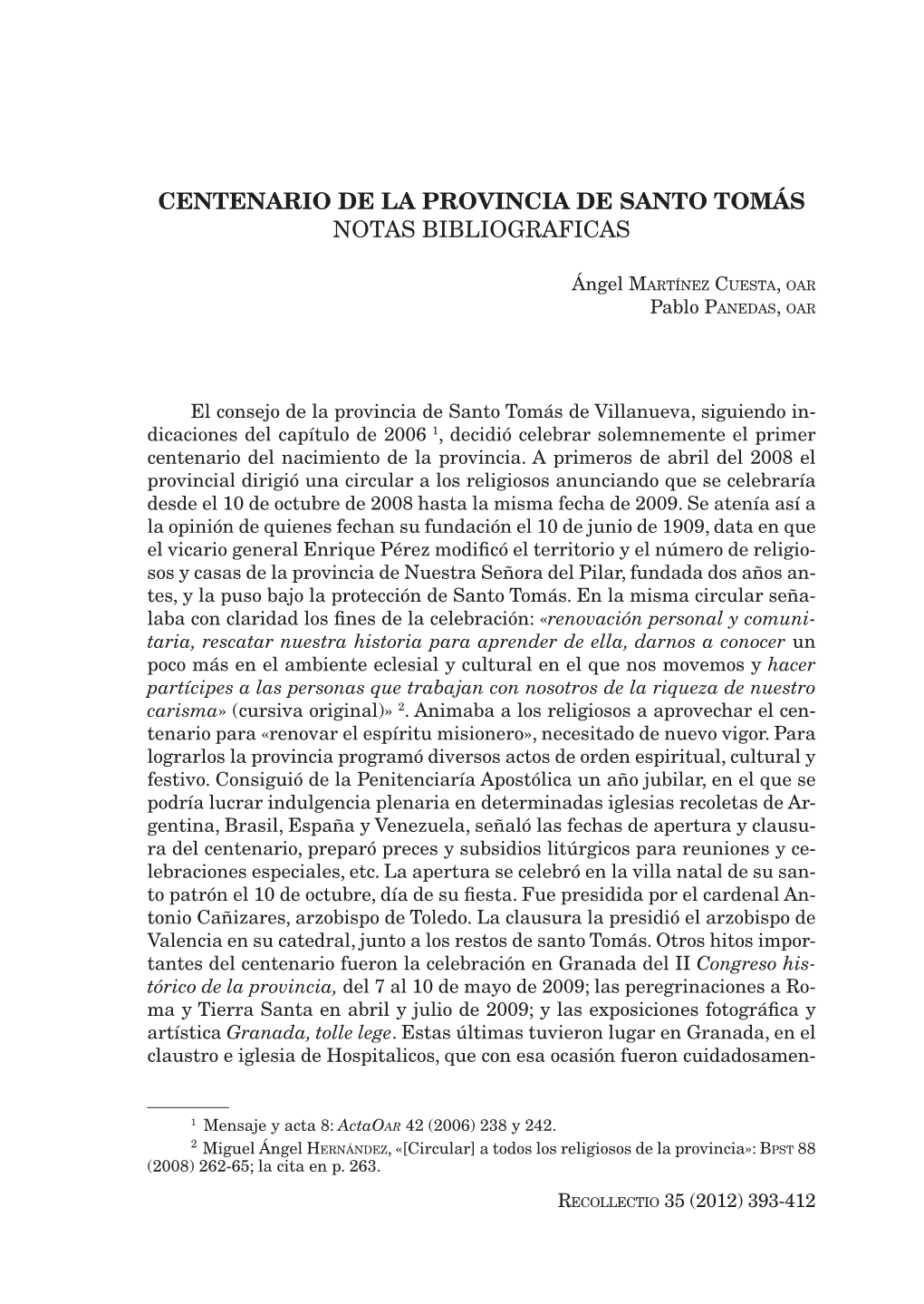 Centenario De La Provincia De Santo Tomás Notas Bibliograficas