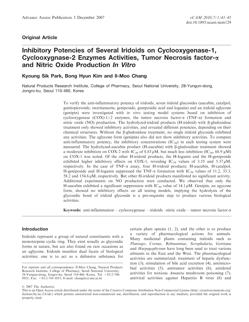 Inhibitory Potencies of Several Iridoids on Cyclooxygenase-1, Cyclooxygnase-2 Enzymes Activities, Tumor Necrosis Factor-A and Nitric Oxide Production in Vitro