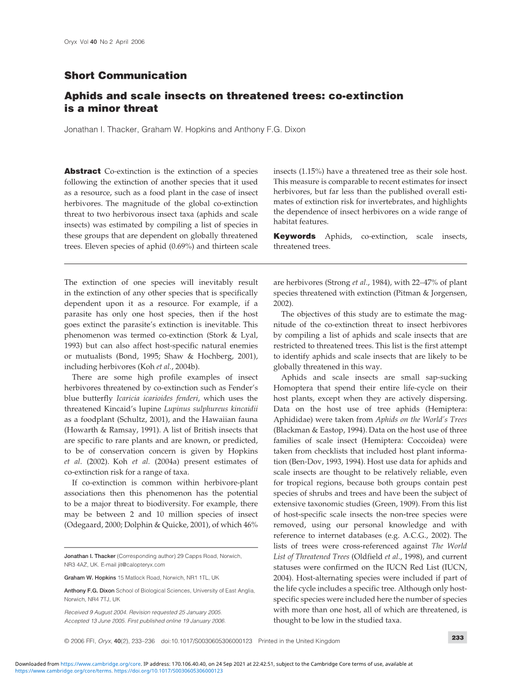 Aphids and Scale Insects on Threatened Trees: Co-Extinction Is a Minor Threat