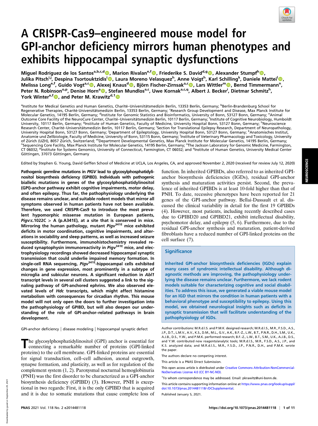 A CRISPR-Cas9–Engineered Mouse Model for GPI-Anchor Deficiency Mirrors Human Phenotypes and Exhibits Hippocampal Synaptic Dysfunctions