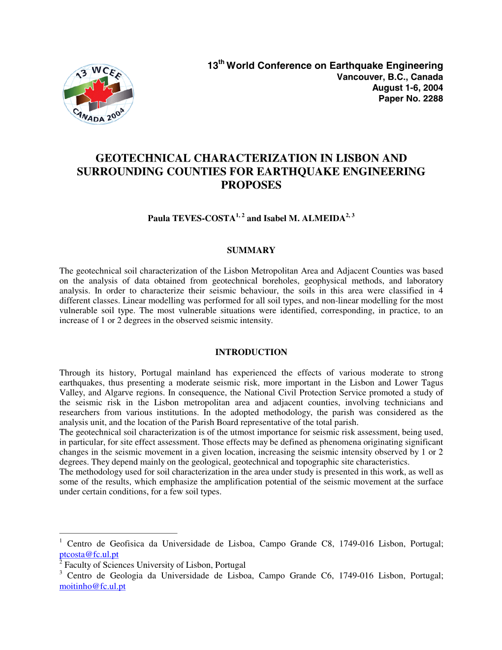 Geotechnical Characterization in Lisbon and Surrounding Counties for Earthquake Engineering Proposes