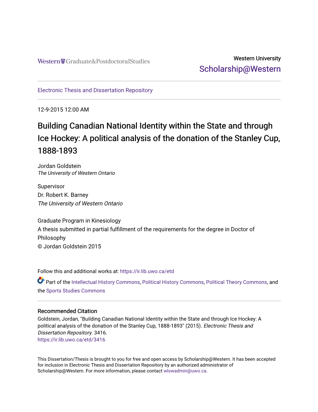 Building Canadian National Identity Within the State and Through Ice Hockey: a Political Analysis of the Donation of the Stanley Cup, 1888-1893