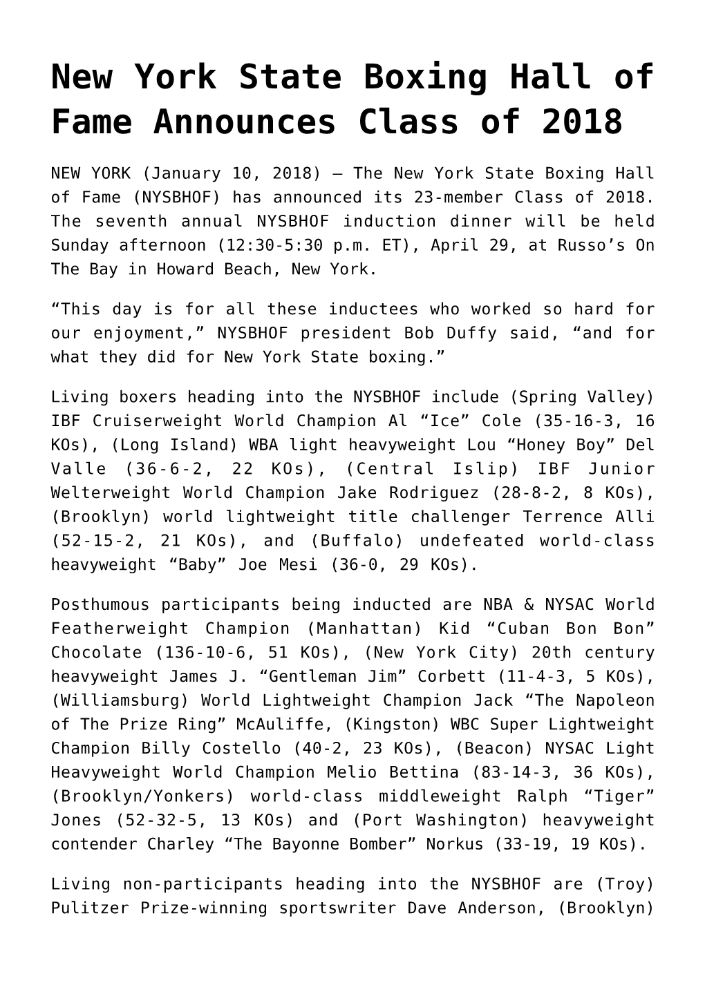 New York State Boxing Hall of Fame Announces Class of 2018